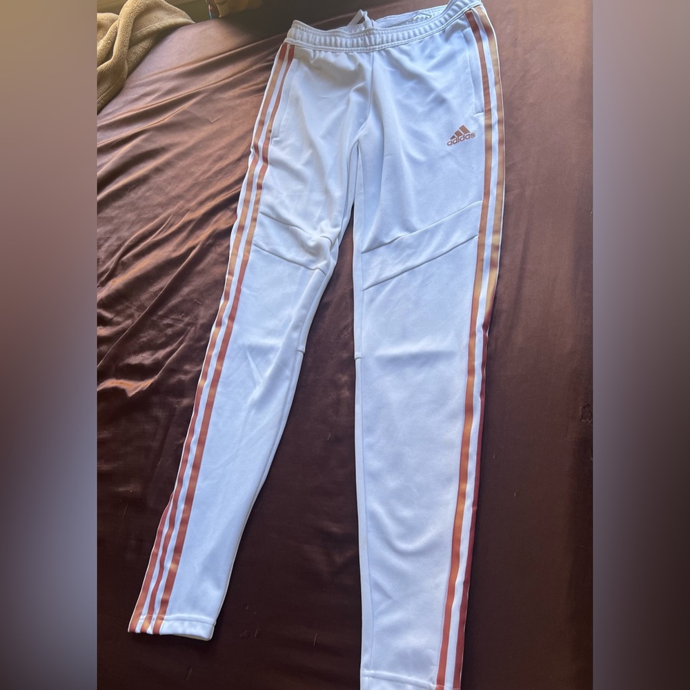Adidas Women’s White Joggers with Rose Gold Stripes